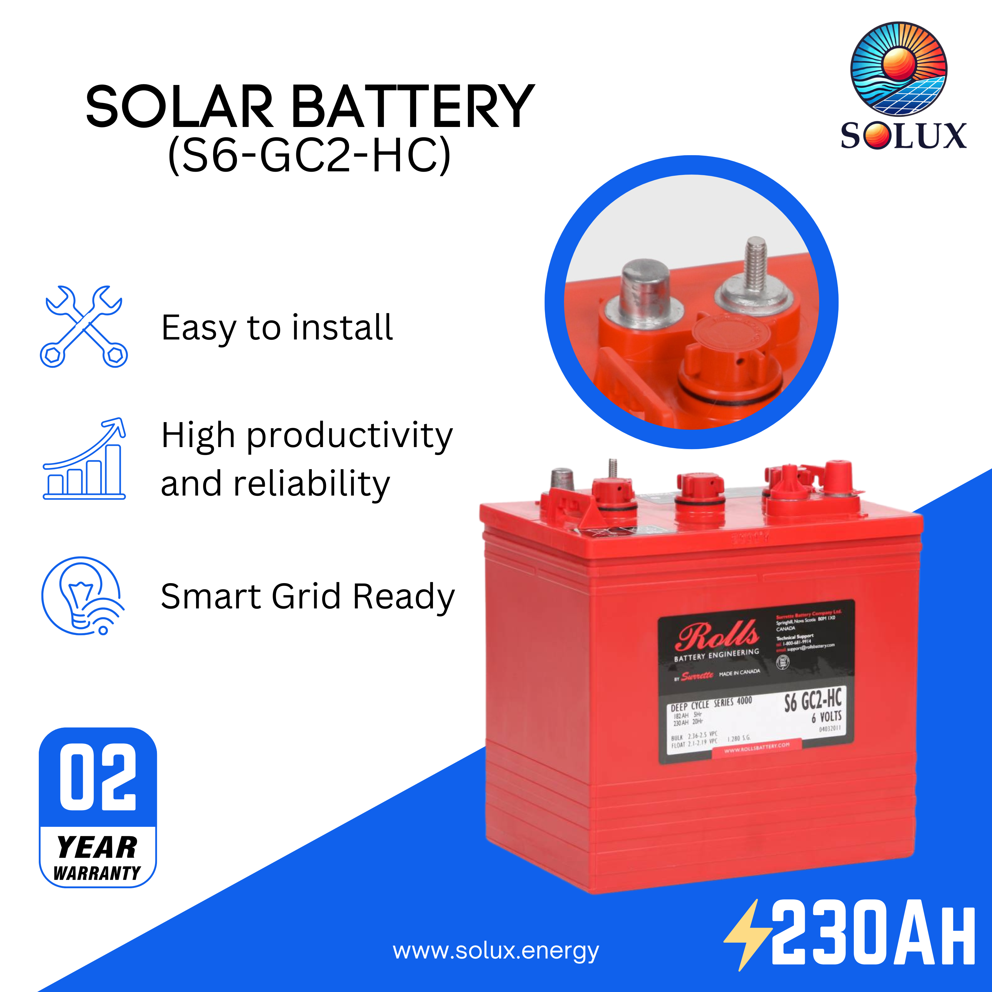 The rolls surrette s6-gc2-hc battery is a reliable and high-performance deep cycle battery, ideal for a variety of applications, including renewable energy systems, RVs, and boats.